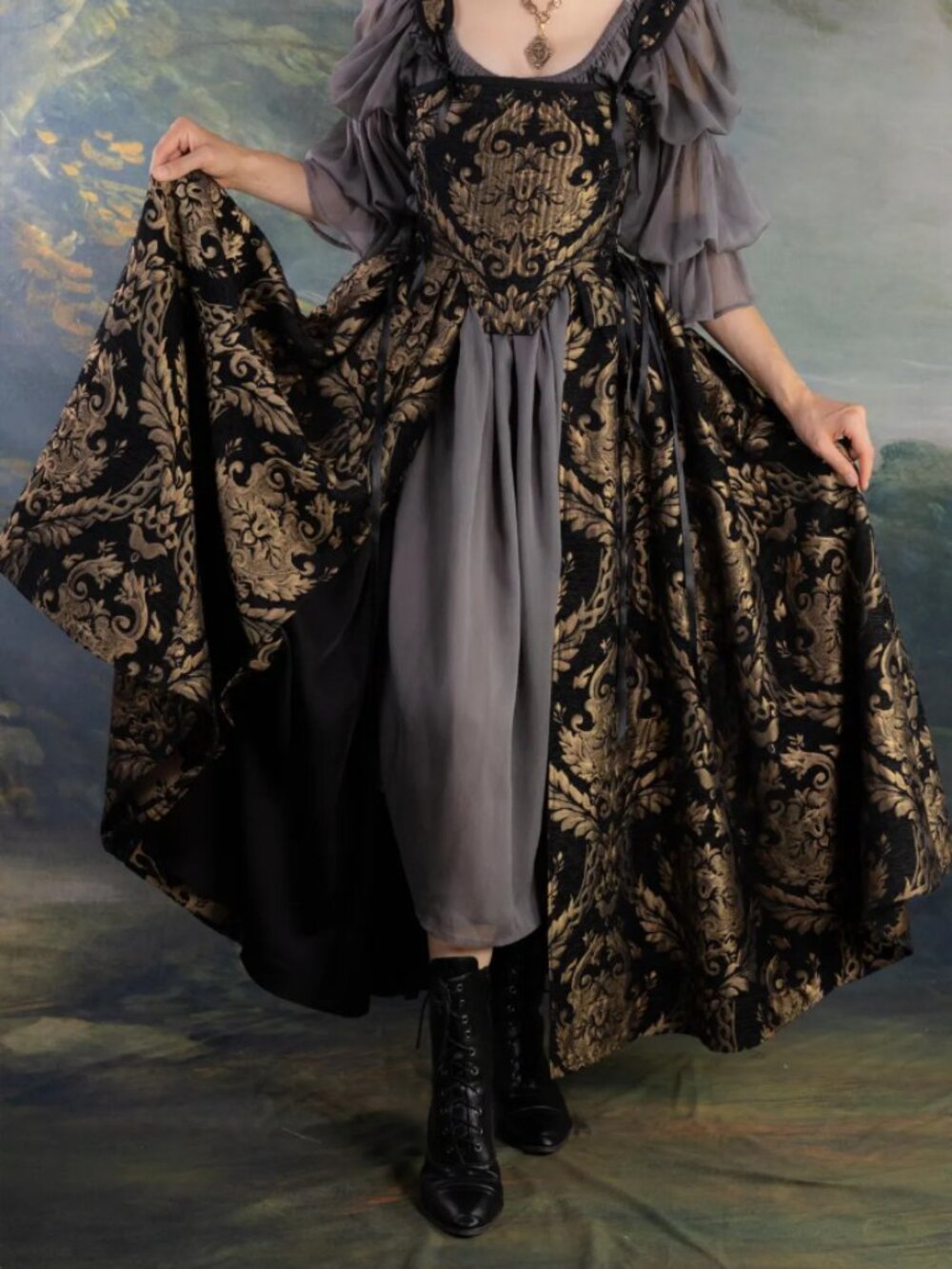 French Meadows Chenille Jacquard Brocade Overskirt, Women's Size M - Black/Gold